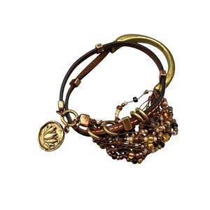 Bracelet Multi Strand Beaded Lotus Charm Leather Wrap Bohemian Gold Tone